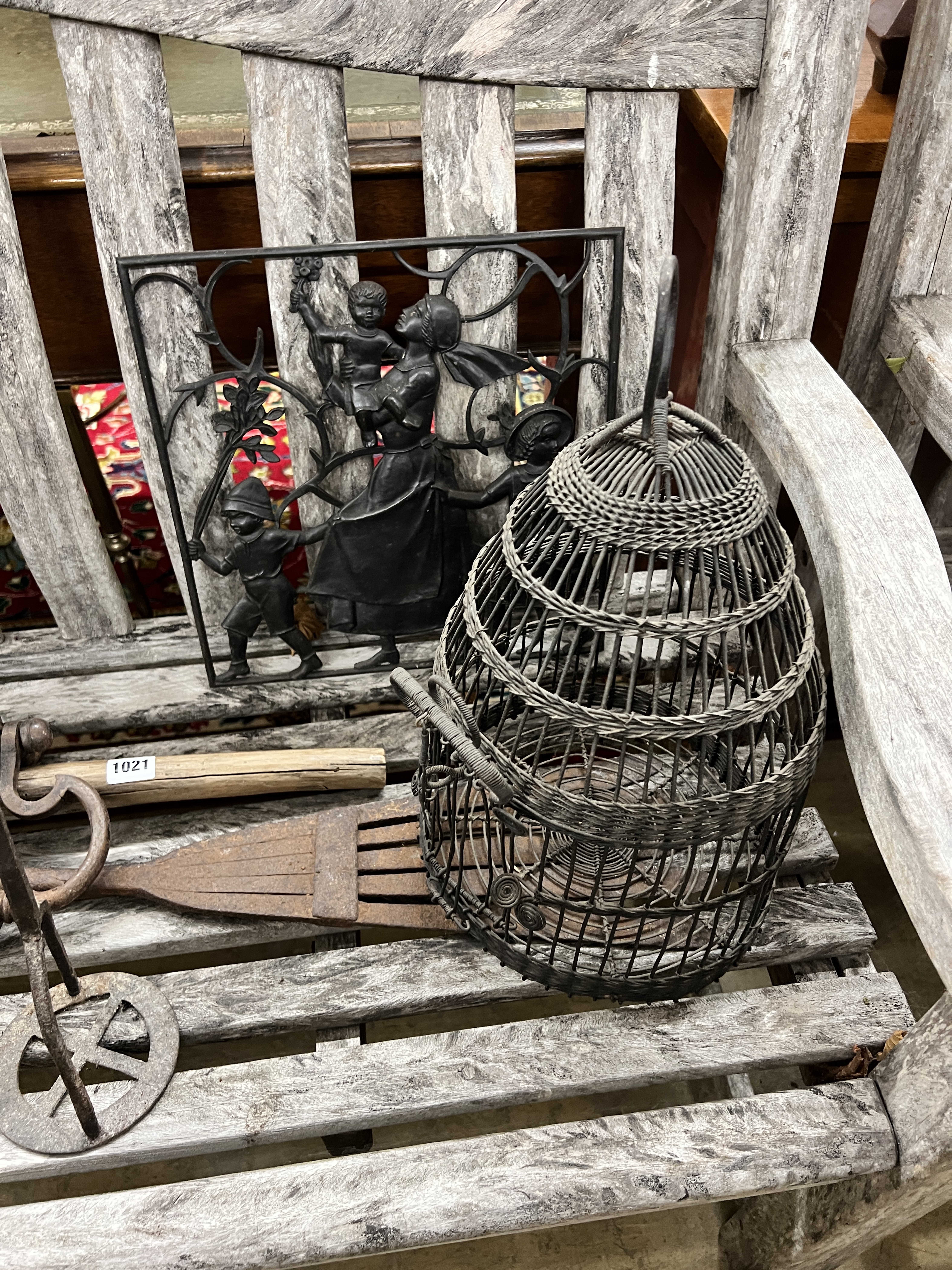 Three wrought iron bird cages and a collection of metalware